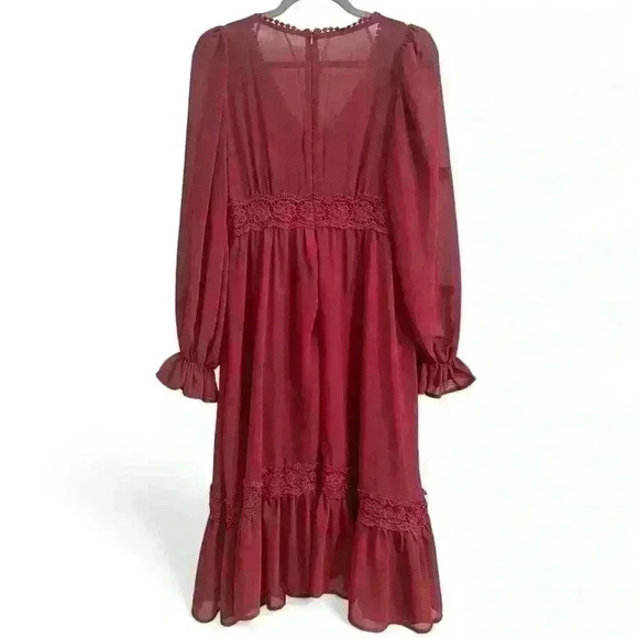 Red Wine Eyelet Midi Dress, Sheer Long Sleeves, Size 4/S - Picture 5 of 6
